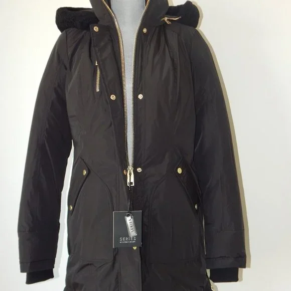 NB Series Nicole Benisti CLAREMONT Shearling Trim Down Parka Coat Black LRG NWT